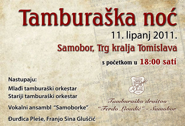 Na središnjem gradskom trgu u subotu, 11. lipnja, bit će održana Tamburaška noć u organizaciji TD Ferdo Livadić
